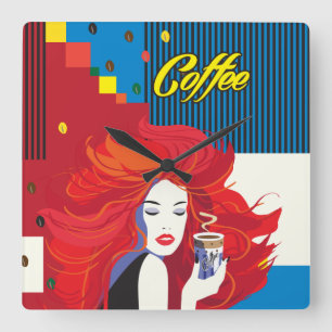 "Beautiful Fashion Woman with Coffee Cup" Pop Art Square Wall Clock