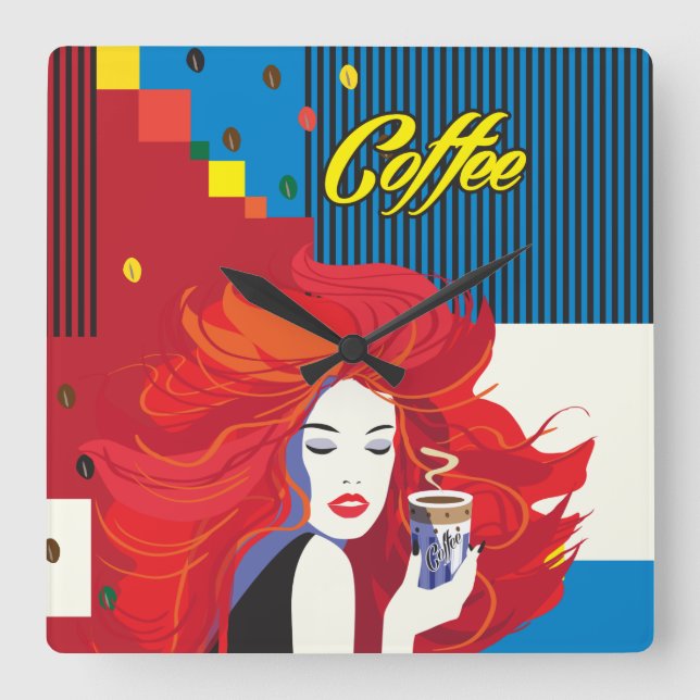 "Beautiful Fashion Woman with Coffee Cup" Pop Art Square Wall Clock (Front)