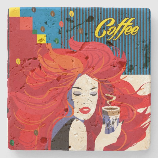 "Beautiful Fashion Woman with Coffee Cup" Pop Art Stone Coaster (Front)