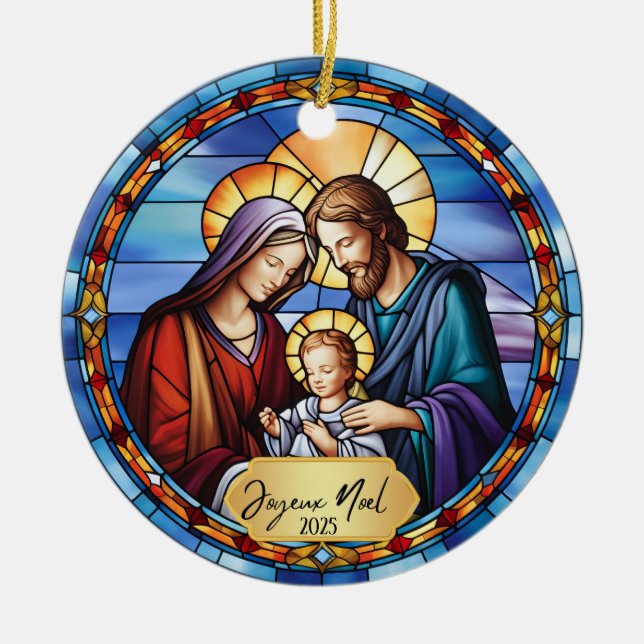 Beautiful Faux Stained Glass Joyeux Noel Jesus Ceramic Ornament (Front)
