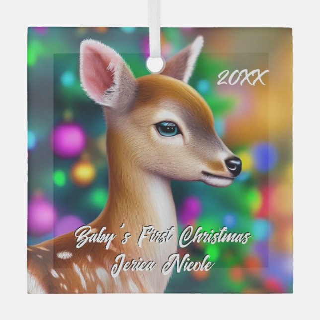 Beautiful Fawn First Christmas Glass Ornament (Front)