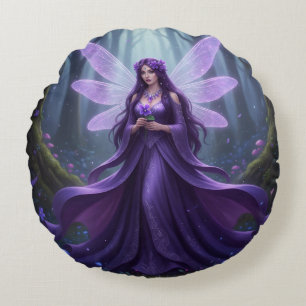 Beautiful February Amethyst Fairy Round Pillow