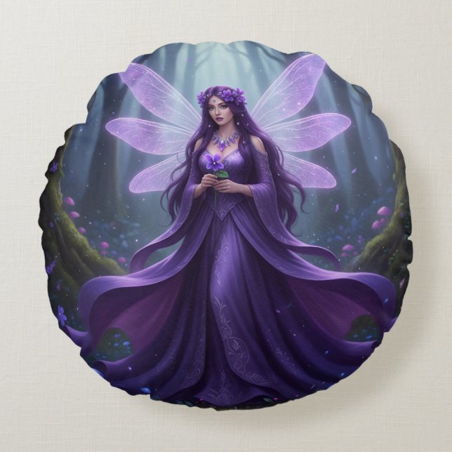 Beautiful February Amethyst Fairy Round Pillow (Front)
