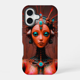 Beautiful female robot in red iPhone 16 case