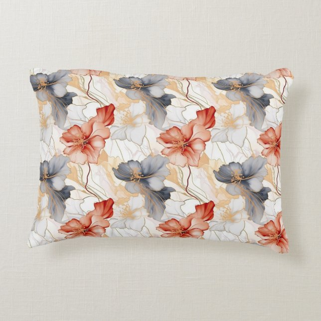 Beautiful Feminine Peach Blue and White Floral Accent Pillow (Back)