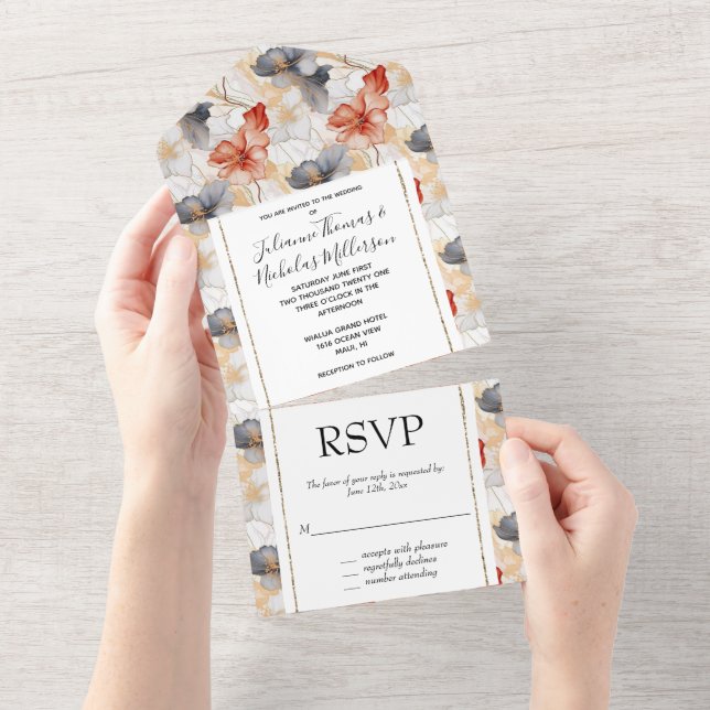 Beautiful Feminine Peach Blue and White Floral All In One Invitation (Tearaway)