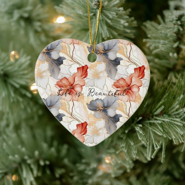 Beautiful Feminine Peach Blue and White Floral Ceramic Ornament (Tree)