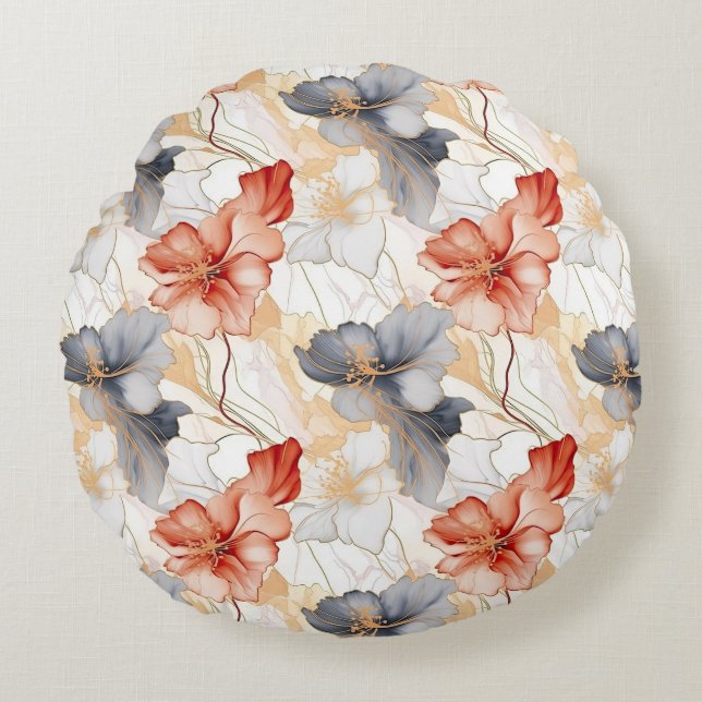 Beautiful Feminine Peach Blue and White Floral Round Pillow (Front)