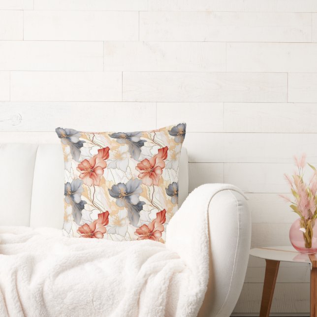 Beautiful Feminine Peach Blue and White Floral Throw Pillow (Couch)