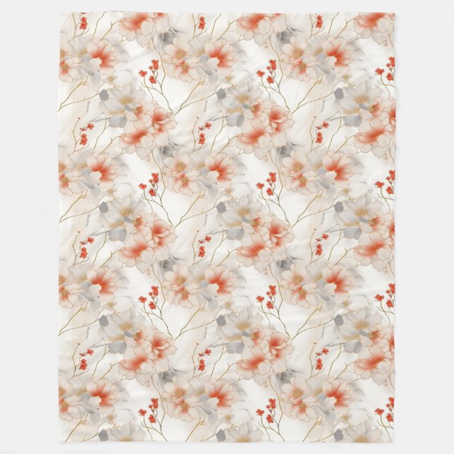 Beautiful Feminine Peach Red Floral Fleece Blanket (Front)