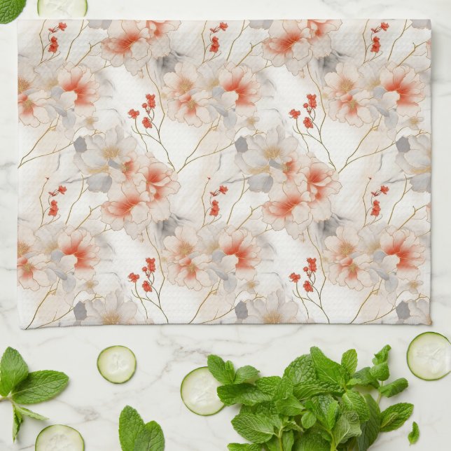 Beautiful Feminine Peach Red Floral Kitchen Towel (Folded)