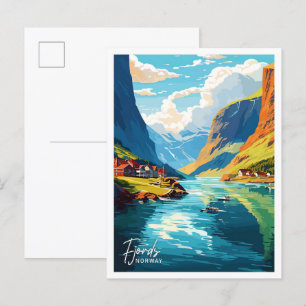 Beautiful Fjords Norway Art Travel illustration Postcard