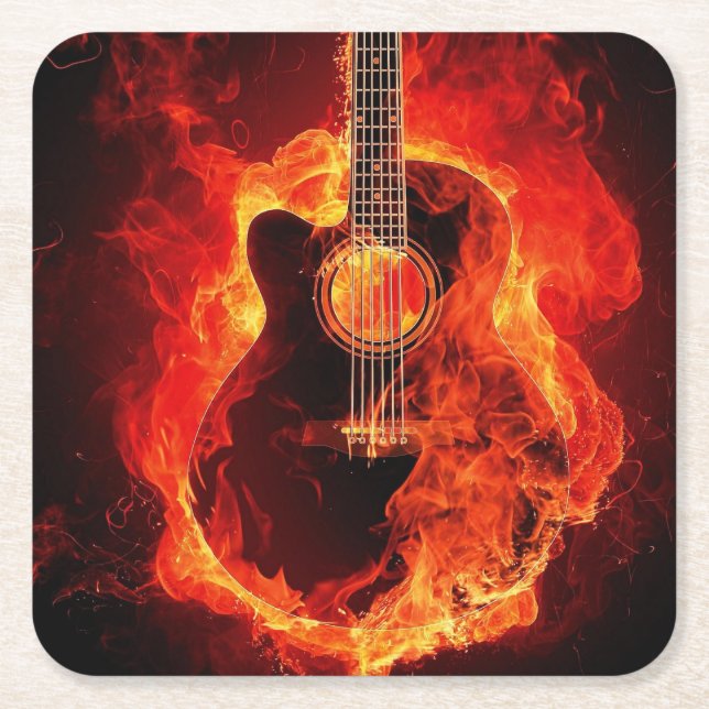 Beautiful Flaming Guitar Image Square Paper Coaster (Front)