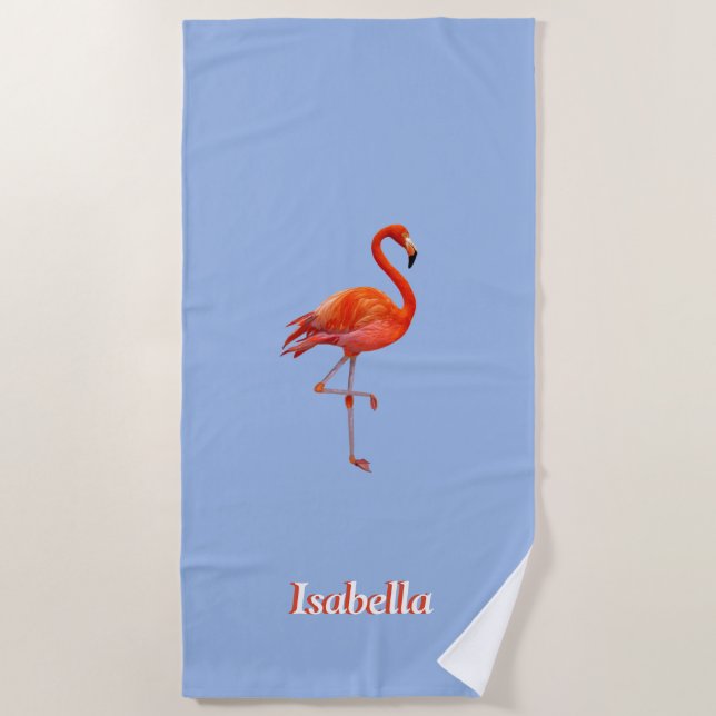 Beautiful flamingo on light blue personalized  beach towel (Front)