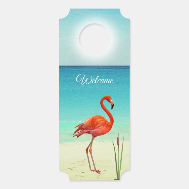 Beautiful Flamingo on the Beach Welcome Door Hanger (Front)
