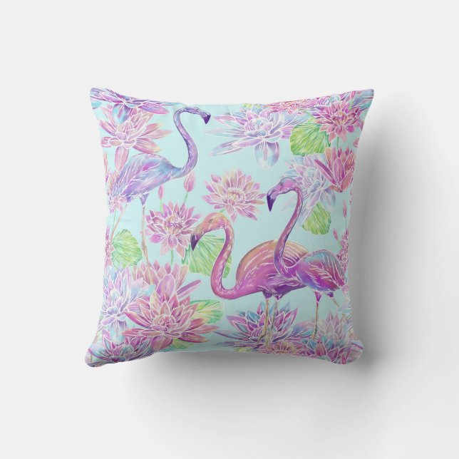 Beautiful flamingos and lotus flowers throw pillow (Back)