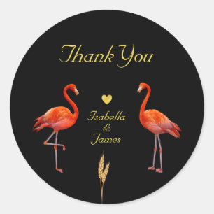 Beautiful Flamingos on Black & Golden Thank You Classic Round Sticker