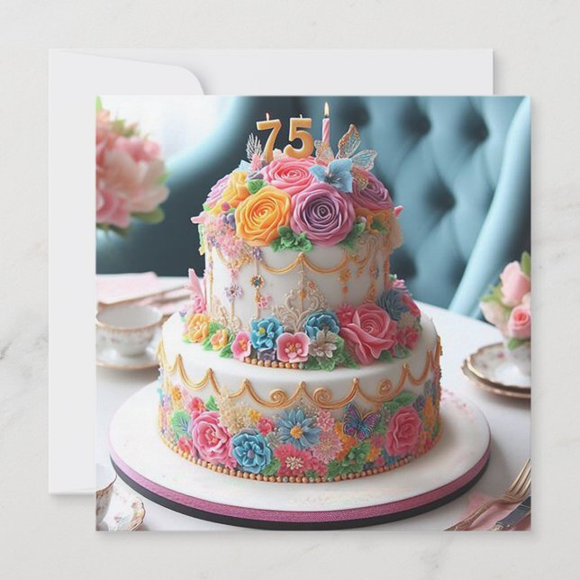BEAUTIFUL FLORAL 75TH BIRTHDAY CAKE CARD (Front)