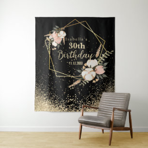 Beautiful Floral and Gold Glitter Birthday   Tapestry