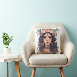 Beautiful Floral Anime Girl – Soft Pastel Aesthe Throw Pillow