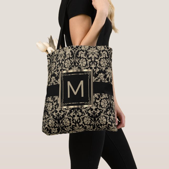 Beautiful Floral Black and Gold Damask Tote Bag (Close Up)