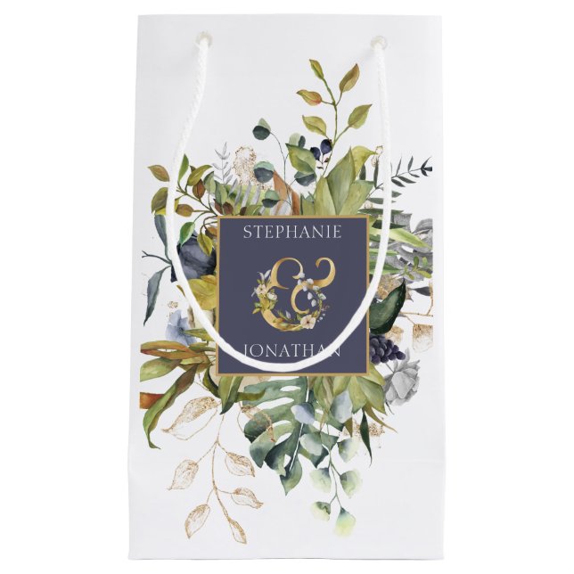 BEAUTIFUL Floral Blue & Green w Ampersand Wedding Small Gift Bag (Front)