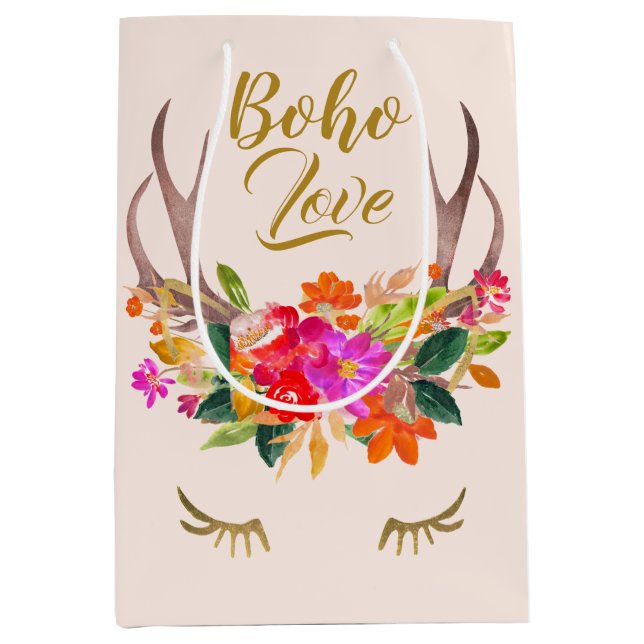 Beautiful floral Boho Love Reindeer Antlers Lashes Medium Gift Bag (Front)