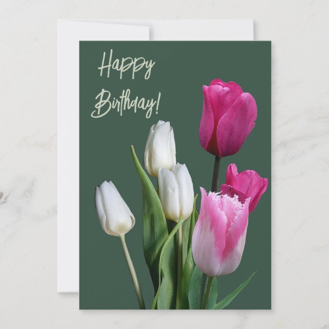 Beautiful floral boho white pink tulips birthday holiday card (Front)