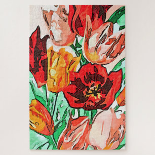 Beautiful Floral Bouquet Tulips Black Outline Art Jigsaw Puzzle