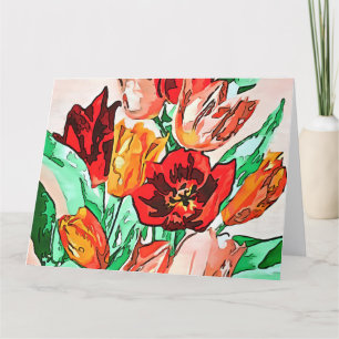 Beautiful Floral Bouquet Tulips Black Outline Art Thank You Card
