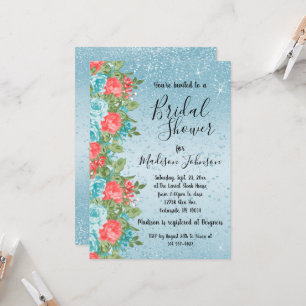 Beautiful Floral Bridal Shower - Blue & Coral Invitation
