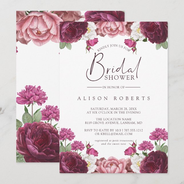 Beautiful Floral Burgundy Bridal Shower Invitation (Front/Back)
