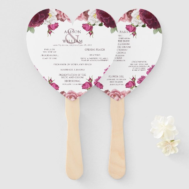 Beautiful Floral Burgundy Wedding Program Hand Fan (Front and Back)
