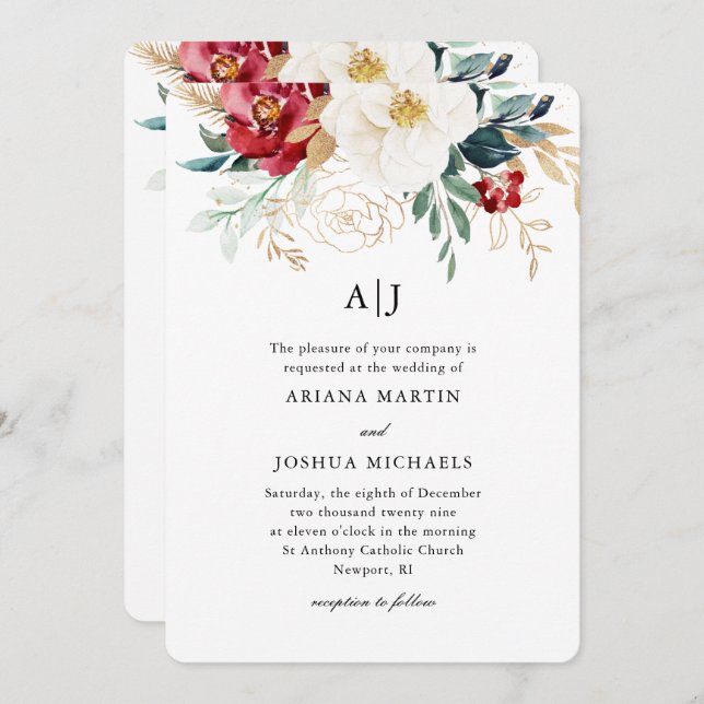 Beautiful Floral Christmas Wedding Invitation (Front/Back)