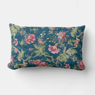 Beautiful Floral Colourful Flowers Blue Background Lumbar Pillow