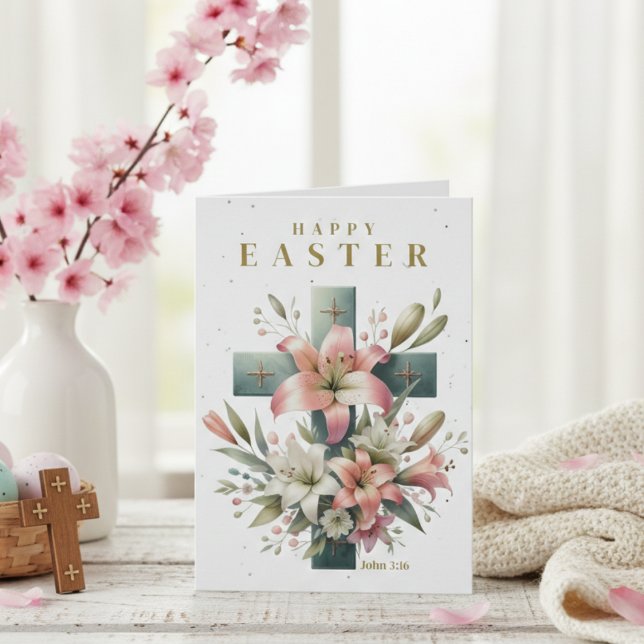 Beautiful Floral Cross Custom Christian Easter Holiday Card (Beautiful Floral Cross Custom Christian Easter Holiday Card with customizable text.)