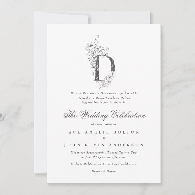 Beautiful Floral 'D' Monogram Sketched Wedding Invitation (Front)