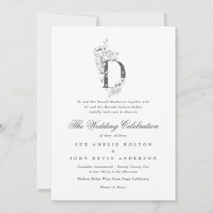Beautiful Floral 'D' Monogram Sketched Wedding Invitation