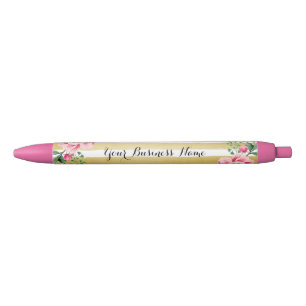 Beautiful Floral Decor with White Gold Stripes Black Ink Pen