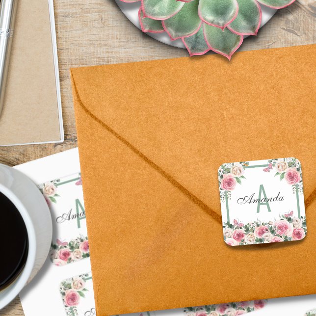 Beautiful Floral Design Monogram Square Sticker (Creator Uploaded)