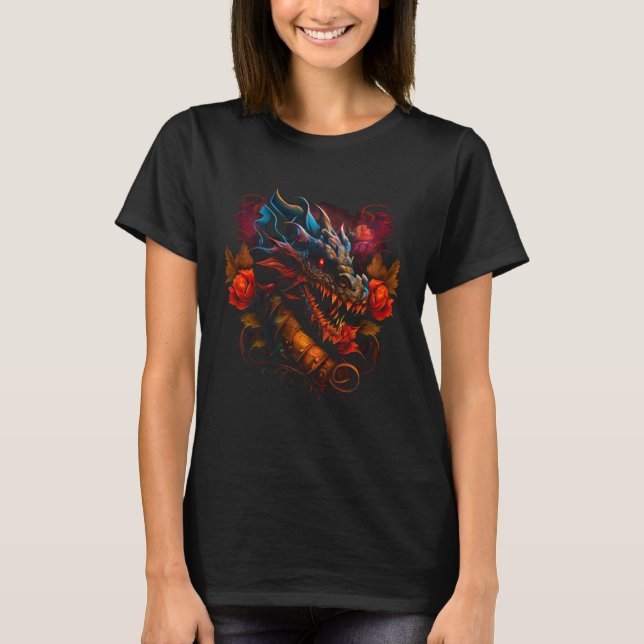 Beautiful Floral Dragon  Fantasy Sharp Teeth Cool T-Shirt (Front)