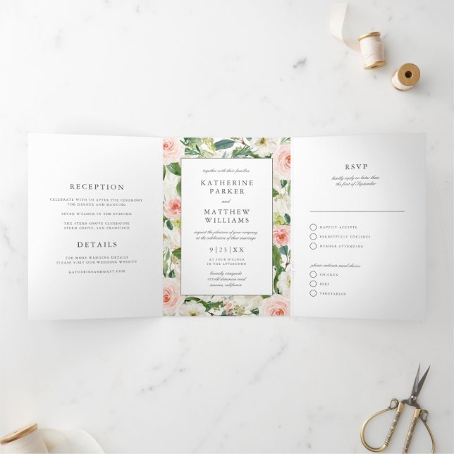 Beautiful Floral Frame All-In-One Wedding Tri-Fold Invitation (Inside)