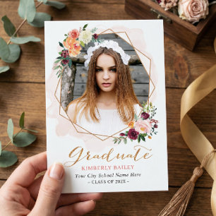 Beautiful Floral Gold Frame Photo Graduation Party Invitation