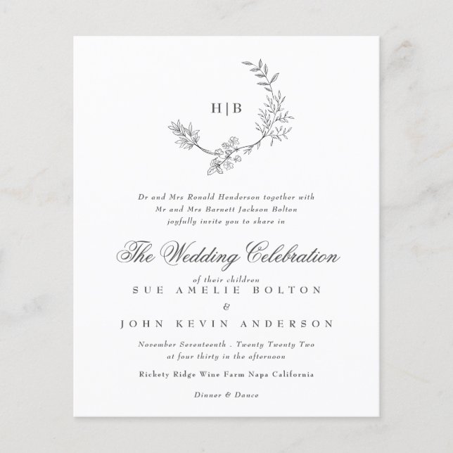 Beautiful Floral Monogram Budget Sketched Wedding Flyer (Front)