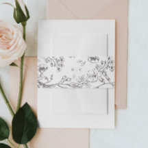 Beautiful Floral Monogram Sketched Wedding Invitation Belly Band