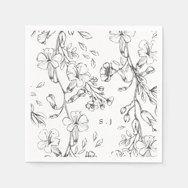 Beautiful Floral Monogram Sketched Wedding Napkin (Front)