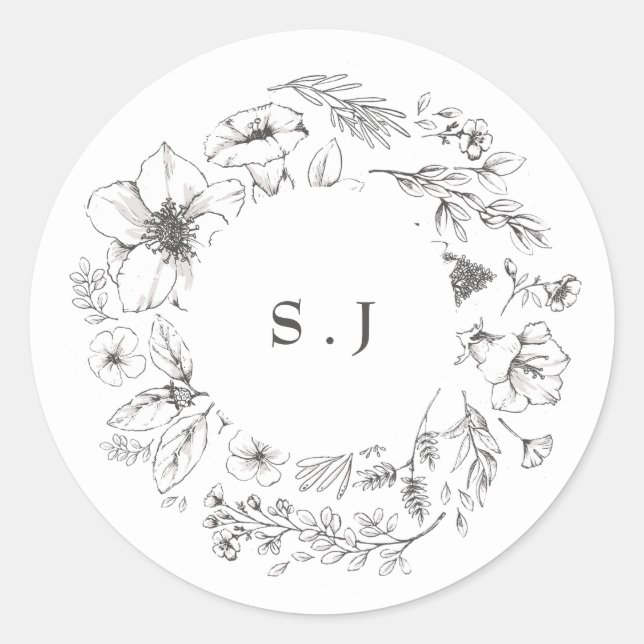 Beautiful Floral Monogram Sketched Wreath Wedding Classic Round Sticker (Front)