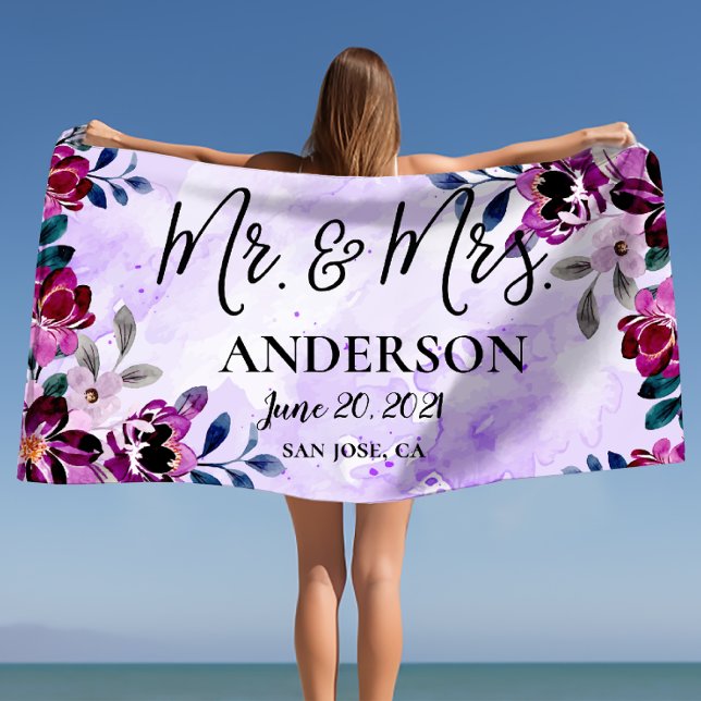 Beautiful Floral Mr & Mrs Wedding or Anniversary  Beach Towel (Beautiful Floral Mr & Mrs Wedding or Anniversary Beach Towel)