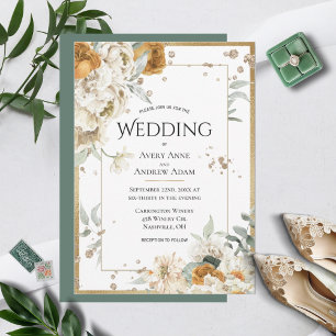 Beautiful Floral Neutral Gold Watercolor Wedding Invitation