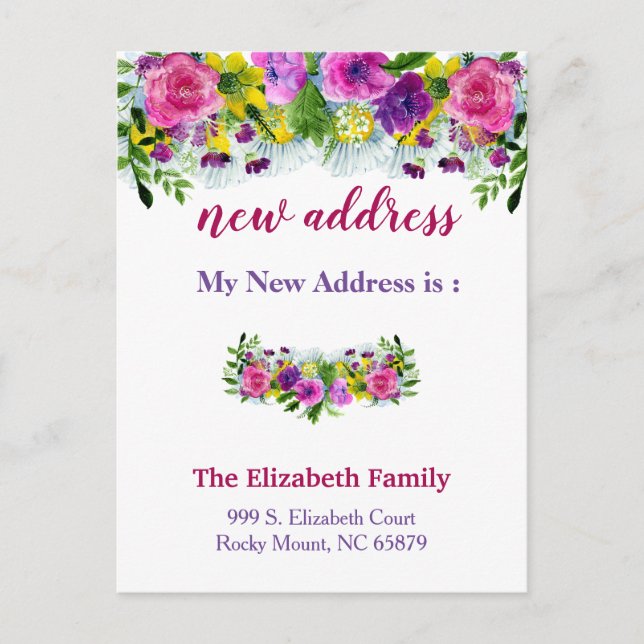 Beautiful Floral New Address Moving Announcement Postcard (Front)